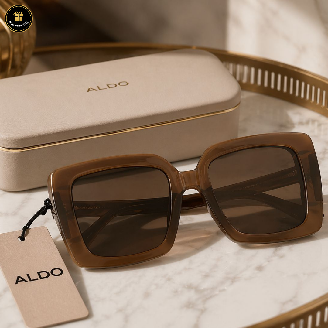 Brown sunglasses with ALDO case and tag on a marble surface