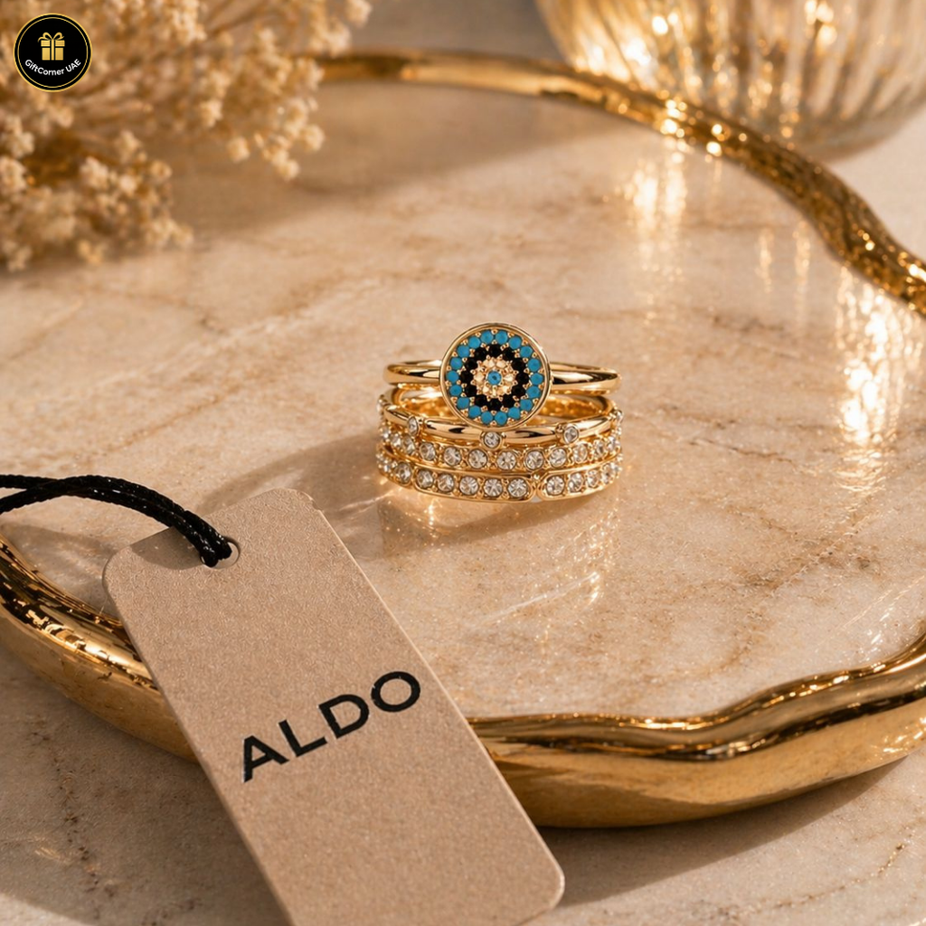 Stack of gold rings with a blue gemstone on a marble surface with an Aldo tag.