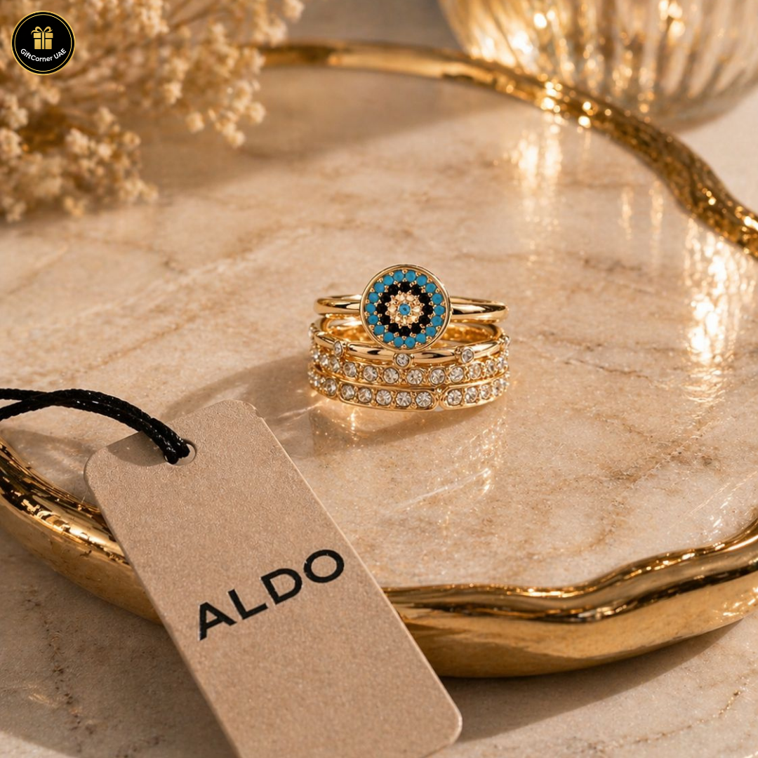Stack of gold rings with a blue gemstone on a marble surface with an Aldo tag.