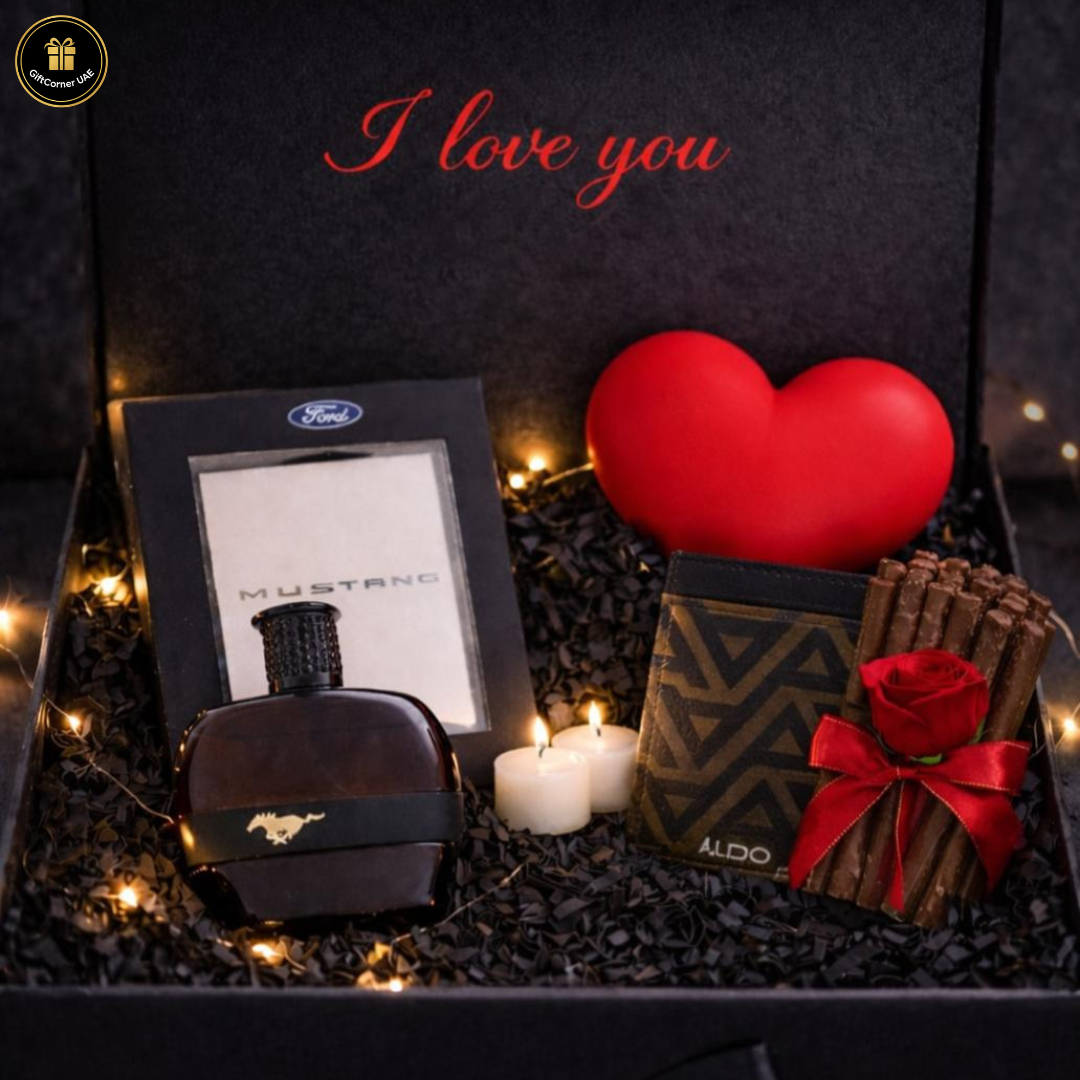 Gift set with a red heart, Ford Mustang perfume, Aldo shoes, and candles on a dark background with 'I love you' text.
