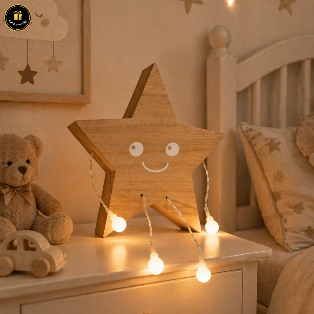 Wooden star-shaped night light with string lights on a shelf in a child's room.