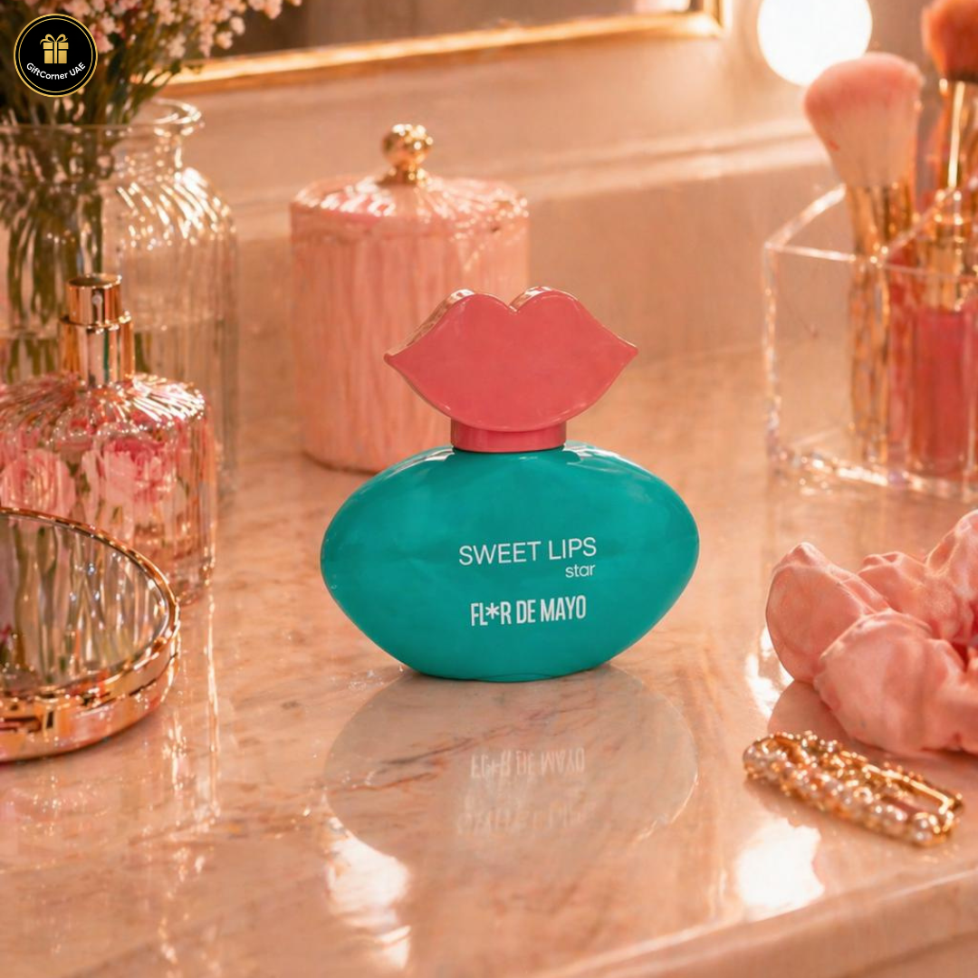 Perfume bottle with lip design labeled 'Sweet Lips' on a vanity table with makeup items.