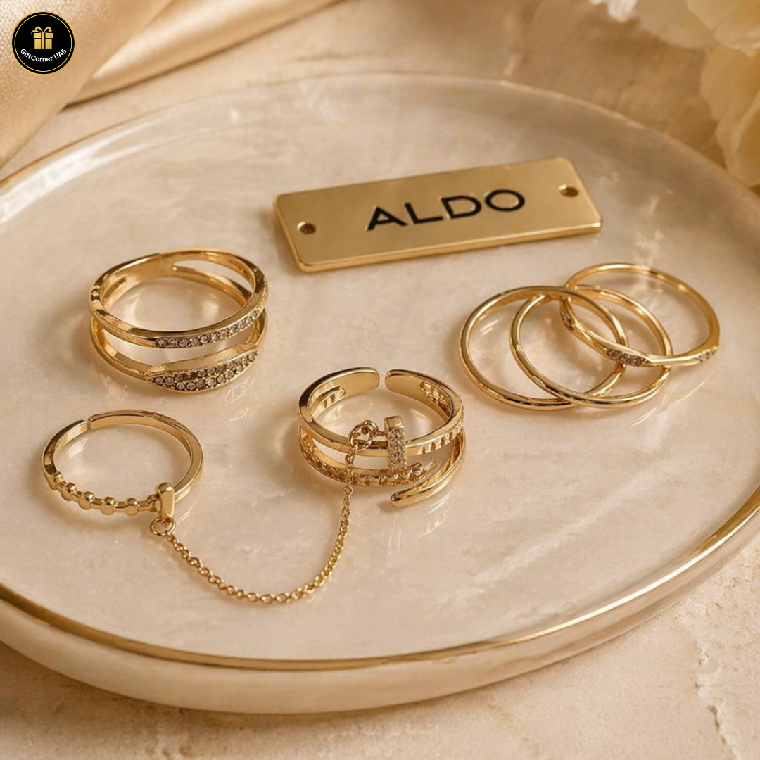 Set of gold rings on a ceramic dish with 'ALDO' branding.