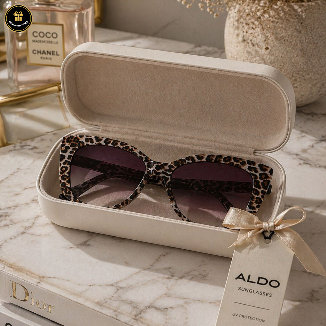 Leopard print sunglasses in a beige case with an Aldo tag on a marble surface.