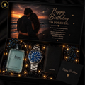 Gift set with Calvin Klein cologne, Aldo watch, and wallet in a decorative box with romantic photo and birthday message.