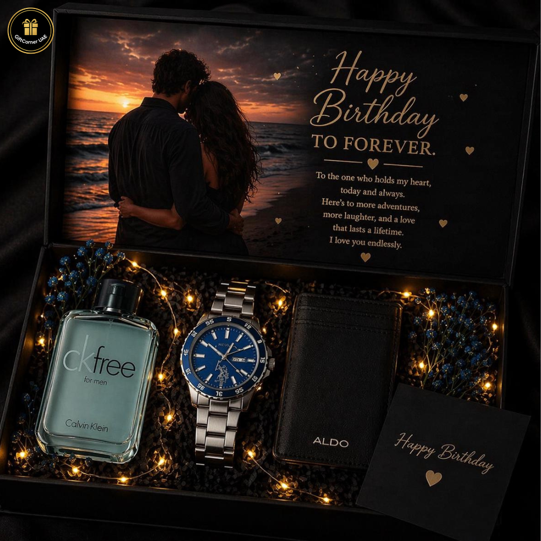 Gift set with Calvin Klein cologne, Aldo watch, and wallet in a decorative box with romantic photo and birthday message.