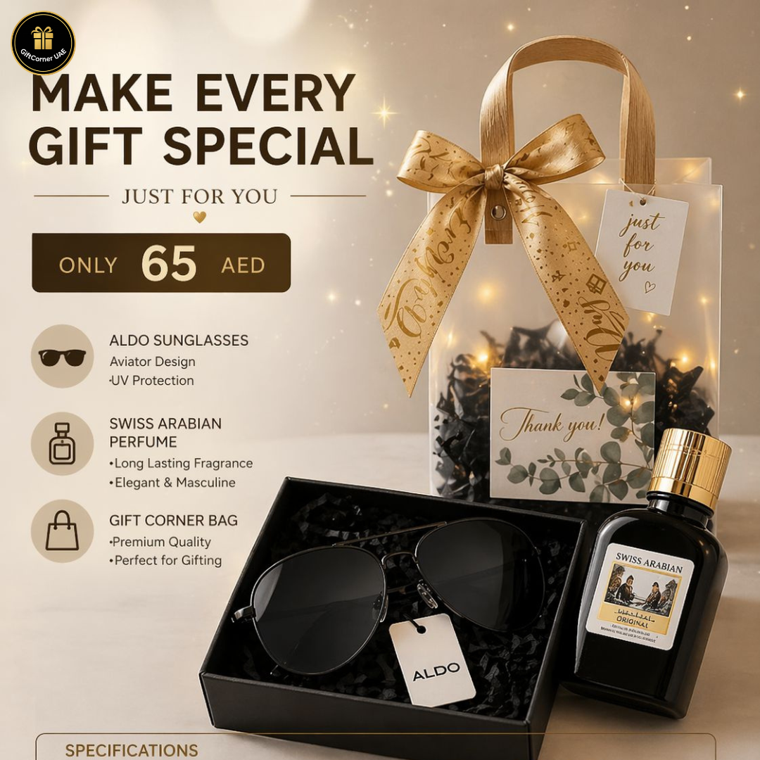 Gift set with sunglasses, perfume, and bag on a decorative background