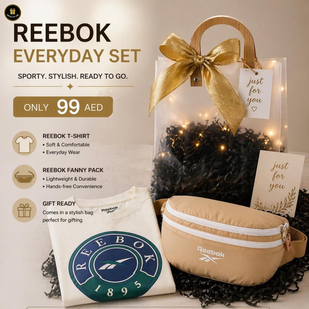Reebok Everyday Set with t-shirt, fanny pack, and decorative bag on a neutral background