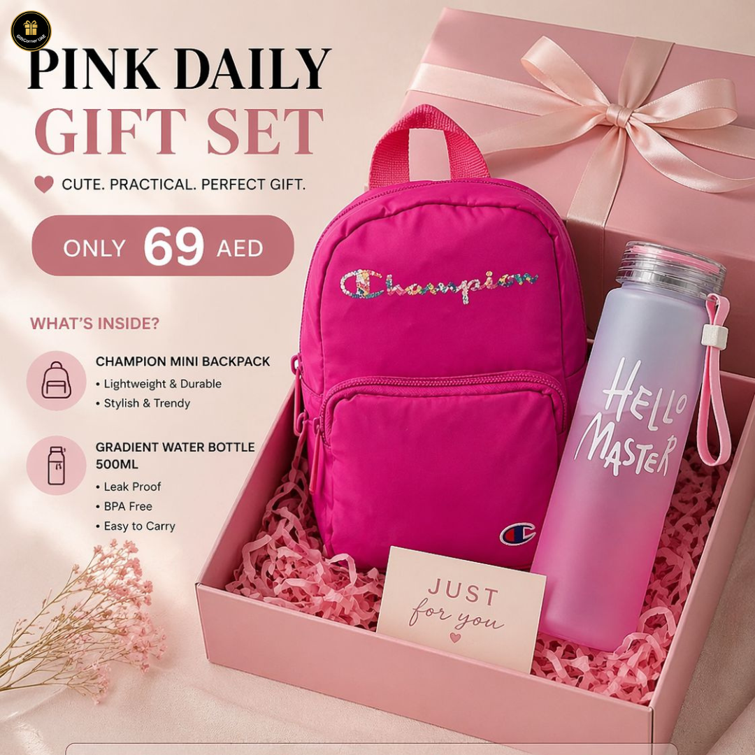 Pink daily gift set with Champion backpack and gradient water bottle in a box.