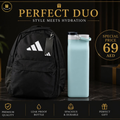 Black backpack and light blue water bottle with promotional text on a dark background