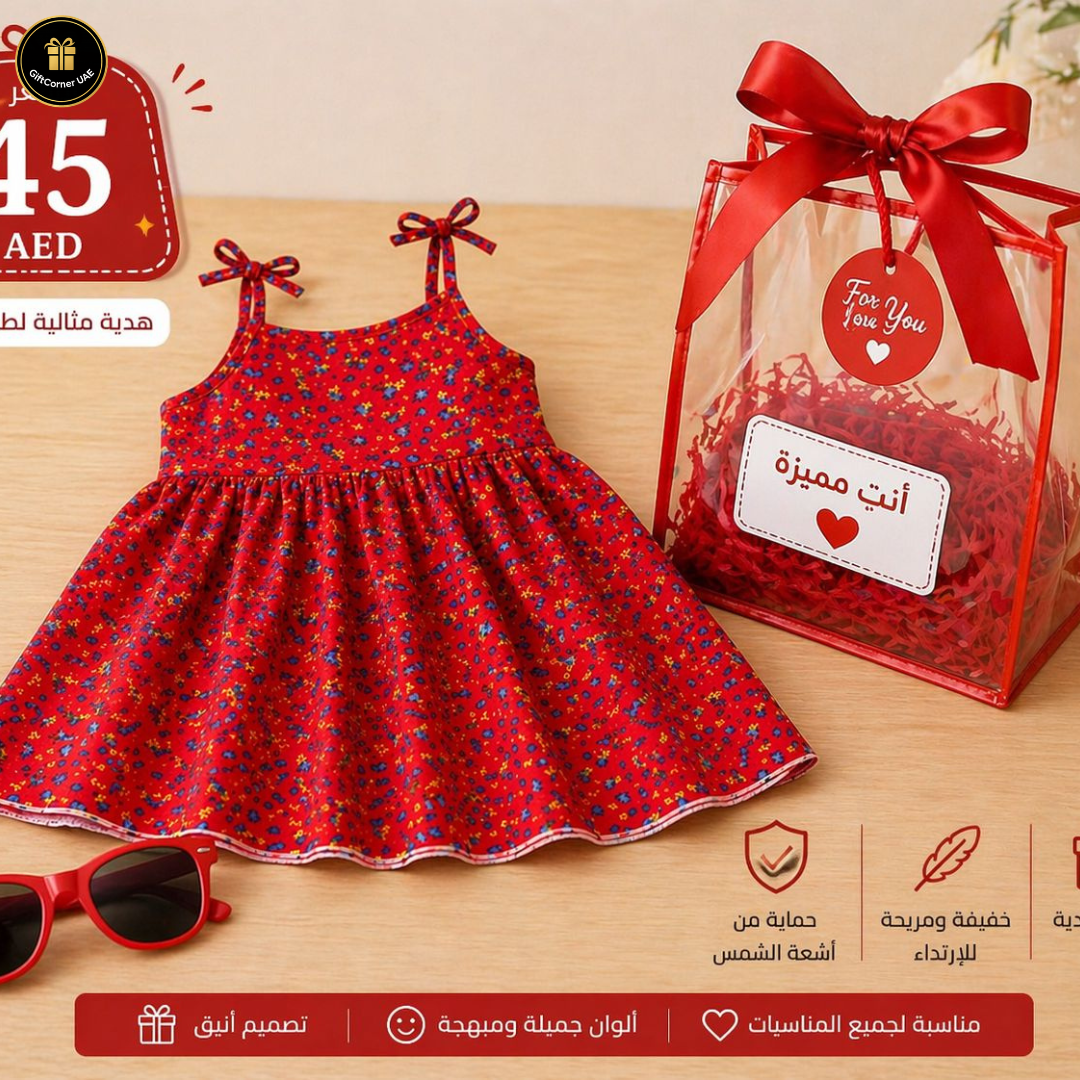 Red floral dress with sunglasses and a gift bag on a wooden surface, with promotional text overlay.