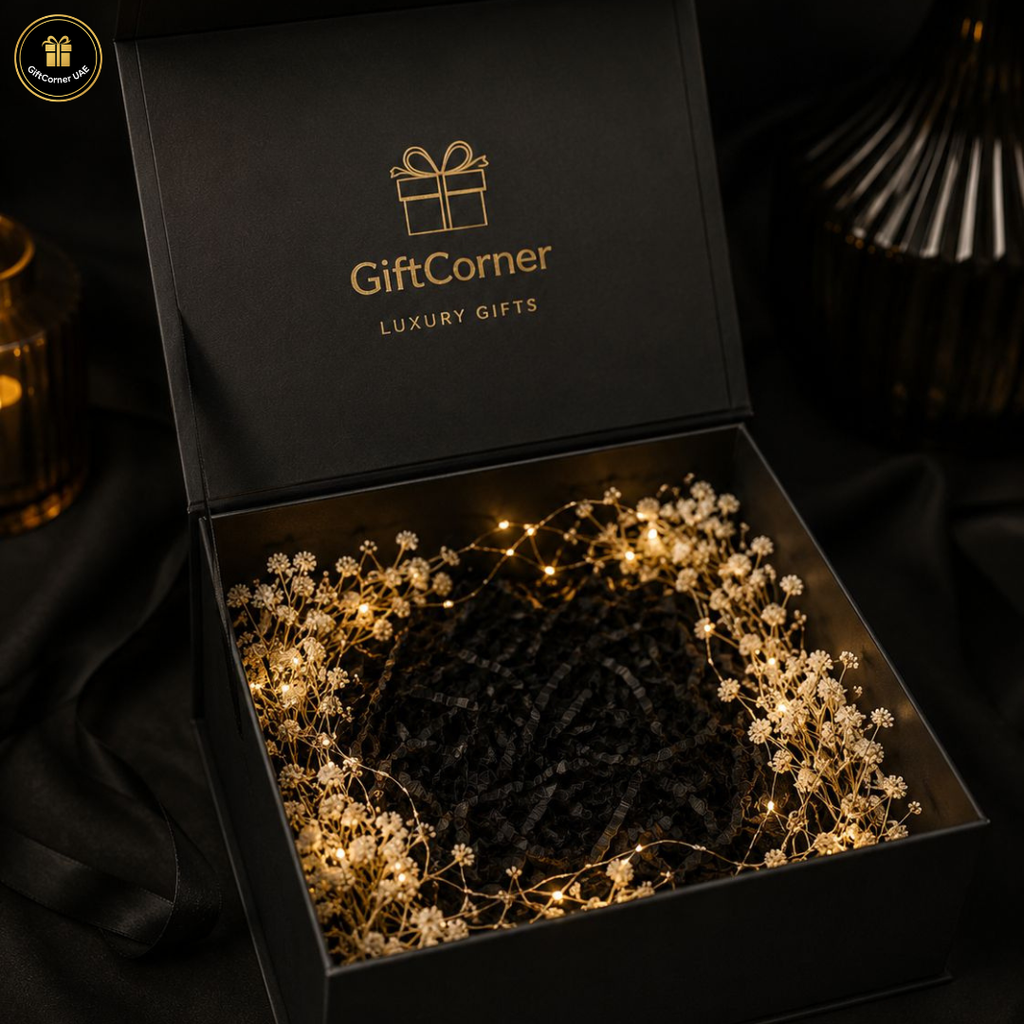 Black gift box with 'GiftCorner' branding, containing a dark fabric and decorative lights.