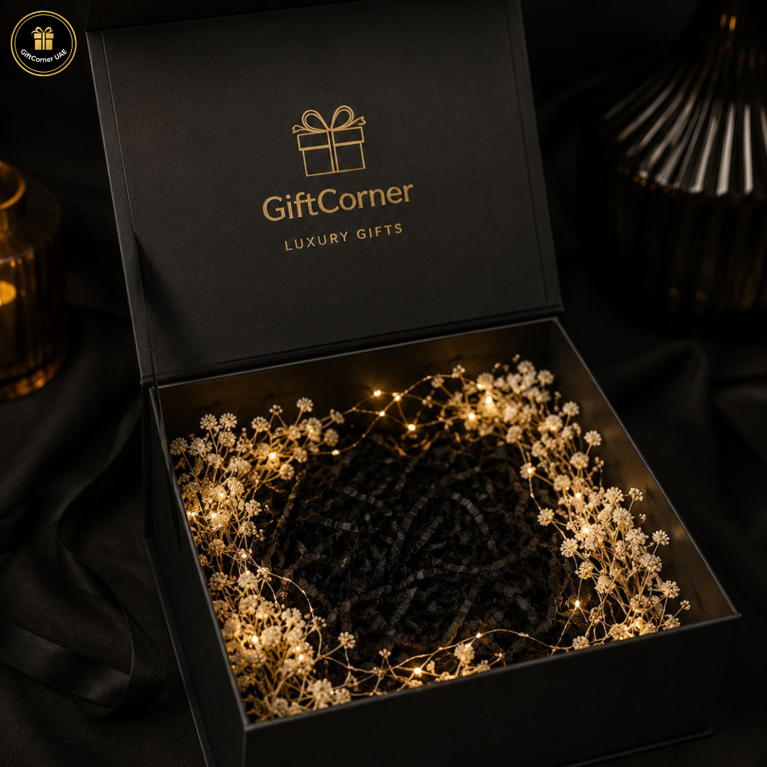 Black gift box with 'GiftCorner' branding, containing a dark fabric and decorative lights.